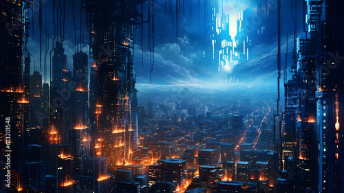 An encrypted digital fortress protecting sensitive data  illuminated by a grid of pulsating neon lights  amidst a sprawling metropolis. Generative ai.