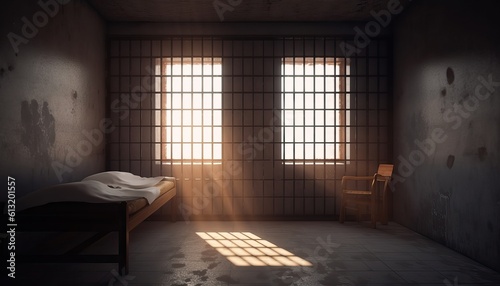 Prison cell with rays of light from the window.3d rendering