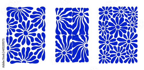 Abstract Nature Pattern with Bloom Daisy Flowers in Matisse Art Style. Decorative Set of Groovy Floral Posters. Vector Print with Plants
