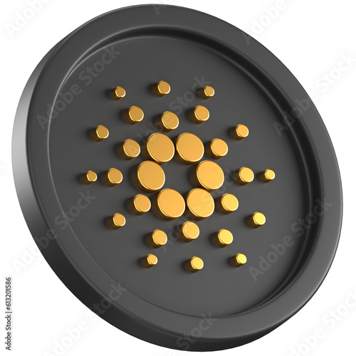 3d icon of a black coin with golden cardano logo in the center photo