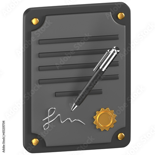 3d icon of a black contract paper with a silver pen and golden badge
