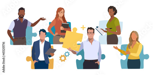 People at a puzzle elements. The concept of teamwork, solving problem, human resources. Vector illustration. 