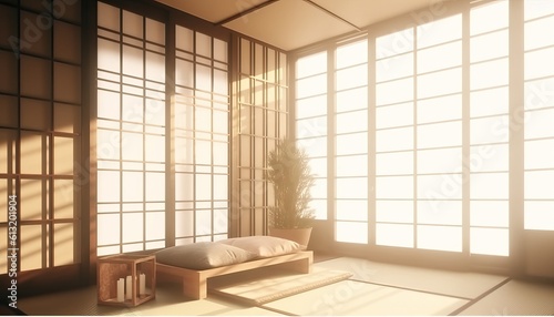 Traditional japanese tea room interior with tatami mats. 3d rendering