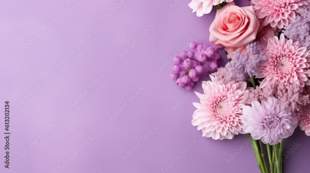 Bouquet of pink flowers on a purple background with copy space, Generative AI Bouquet of pink flowers on a purple background with copy space, Generative AI