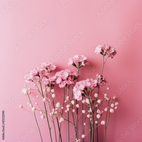 Flowers composition. Gypsophila flowers on pastel pink background. Flat lay  top view  copy space  Generative AI