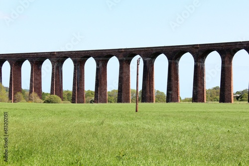 A closeup view of the clava nairn viaduct or the impressive 29 arches of the Culloden viaduct that stretch over the valley and River Nairn, an Inverness, Scotland architectural sight to see.