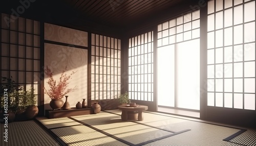 Traditional japanese tea room interior with tatami mats and sun light.3d rendering