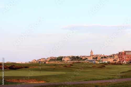 An incredible view of the most famous and historic classic links golf course, full of pot bunkers and rolling fairways, the Old Course in St. Andrews, Scotland 
