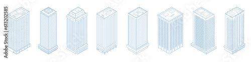 Isometric modern skyscraper outline, skyscrapers, apartment, office, houses