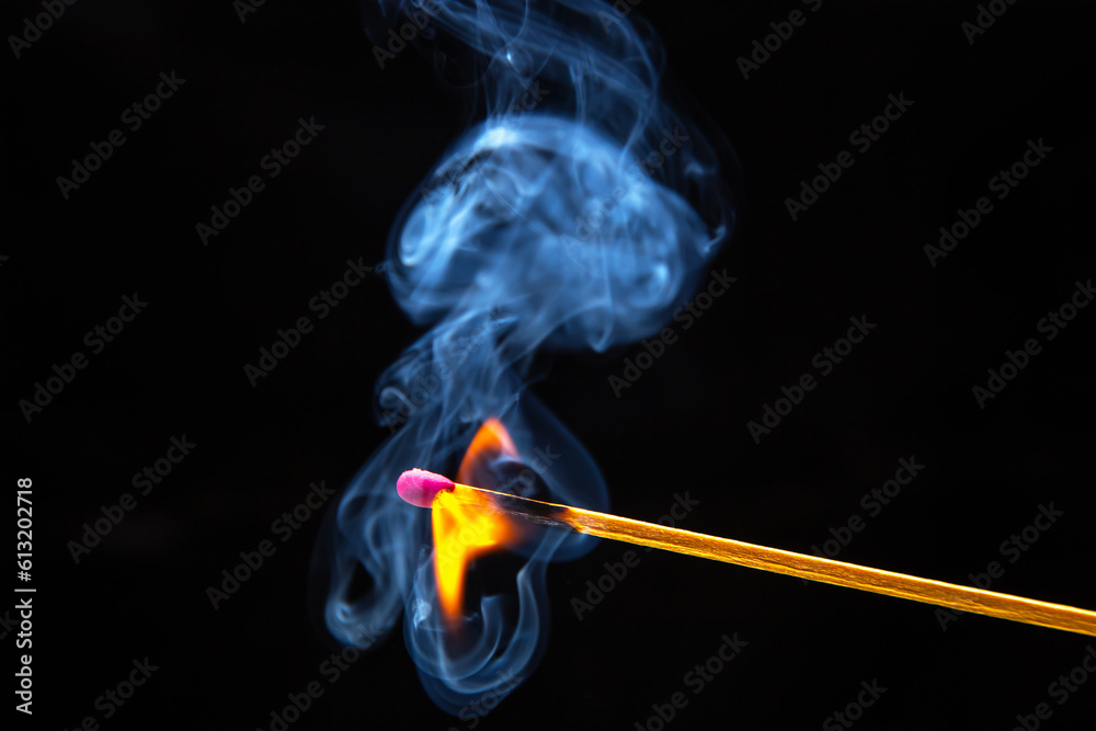 Flashed and burning wooden match on a dark background close-up. Bright fire and smoke from a burning tree. Flashed and burning wooden match on a dark background close-up. Bright fire and smoke from a burning tree.