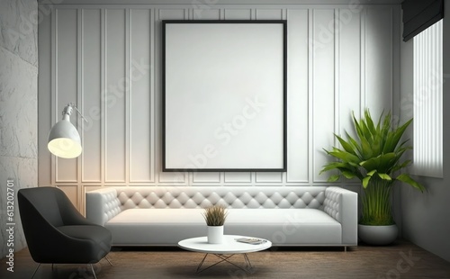 boho living room interior with blank frame mockup on beige wall background