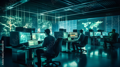 A team of cybersecurity experts in a control room, analyzing data on multiple screens. Generative ai.