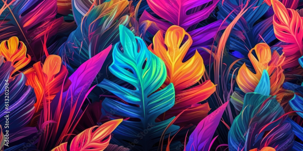 Summer Delight: Vibrant Tropical Leaves Arranged in Creative Fluorescent Color Layout. Generative AI. Summer Delight: Vibrant Tropical Leaves Arranged in Creative Fluorescent Color Layout. Generative AI.