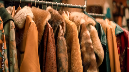 Winter coats and sheepskin coats on store hangers, generative AI.