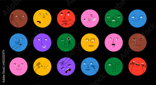 Diverse people face doing funny mood expression and emotion. Colorful avatar design set, modern flat cartoon character collection in simple doodle art style for psychology concept or social reaction. 