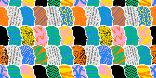 Colorful diverse people crowd abstract art seamless pattern. Multi-ethnic community, big cultural diversity group background illustration in modern collage painting style.