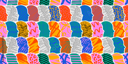 Colorful diverse people crowd abstract art seamless pattern. Multi-ethnic community, big cultural diversity group background illustration in modern collage painting style.