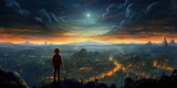 Night Sky Wonder: Boy Gazing at Starry Skies. Generative AI.