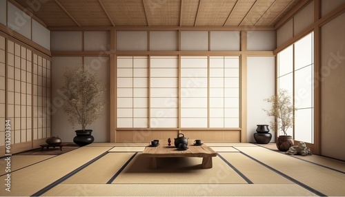 Traditional japanese tea room interior with tatami mats. 3d rendering photo
