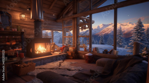 A cozy cabin lifestyle nestled in a snowy mountain landscape  with a crackling fireplace  warm blankets. Generative ai.