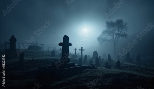 Wallpaper Mural cemetery halloween horror fear moon monster hand night creepy zombie. Generative AI. Torontodigital.ca