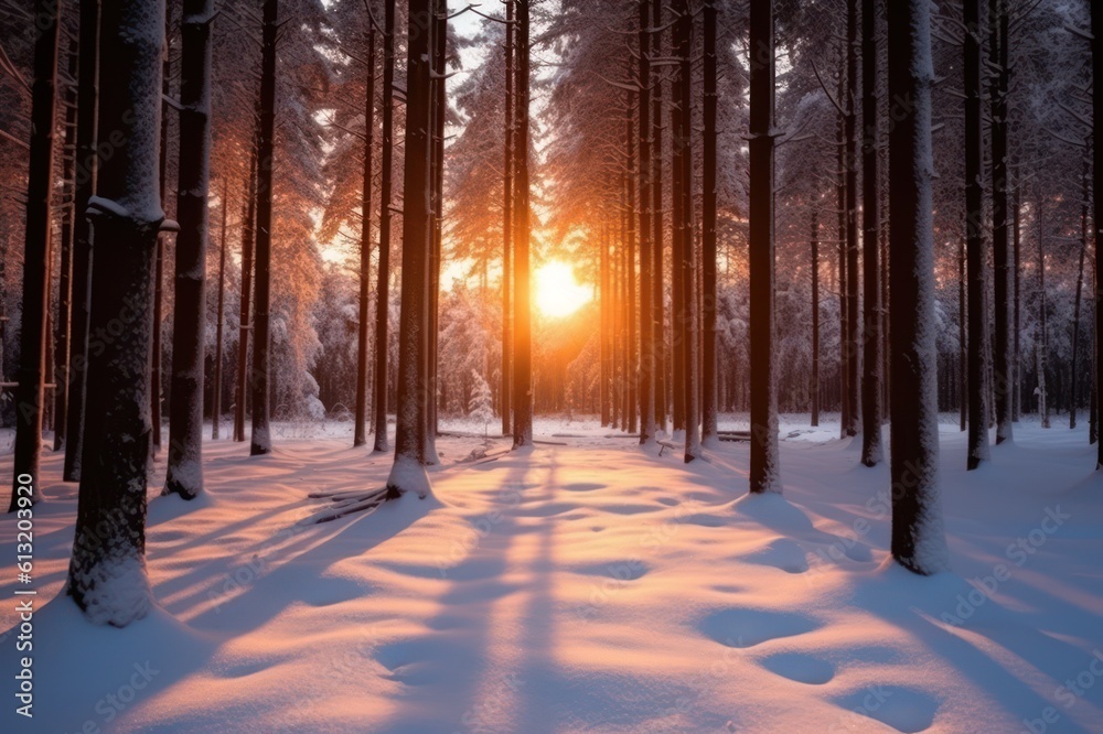 Sunset in the winter forest. Beautiful winter landscape with snow covered trees, Generative AI Sunset in the winter forest. Beautiful winter landscape with snow covered trees, Generative AI