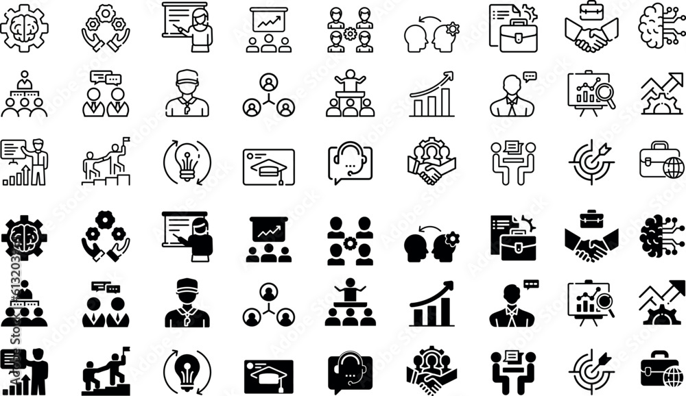 Set of 27 icons related to training, coaching, mentoring, education, meeting, conference, teamwork. Collection in two different styles - obrazy, fototapety, plakaty 