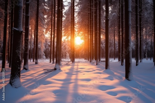 Sunset in the winter forest. Beautiful winter landscape with snow covered trees, Generative AI © tanatat