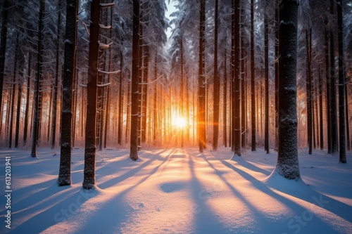 Sunset in the winter forest. Beautiful winter landscape with snow covered trees, Generative AI © tanatat