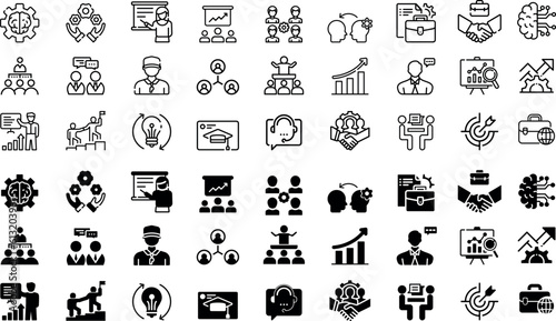Set of 27 icons related to training, coaching, mentoring, education, meeting, conference, teamwork. Collection in two different styles