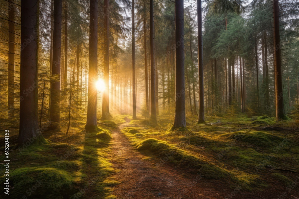 Fototapeta premium Misty morning in the forest. Sun rays through the trees, Generative AI