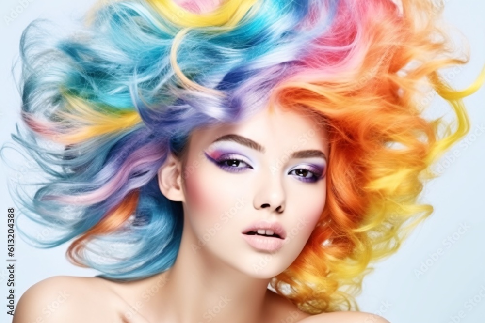 Fototapeta premium Beautiful woman with multi-colored rainbow hair and creative make up and hairstyle. Beauty face. Generative Ai.