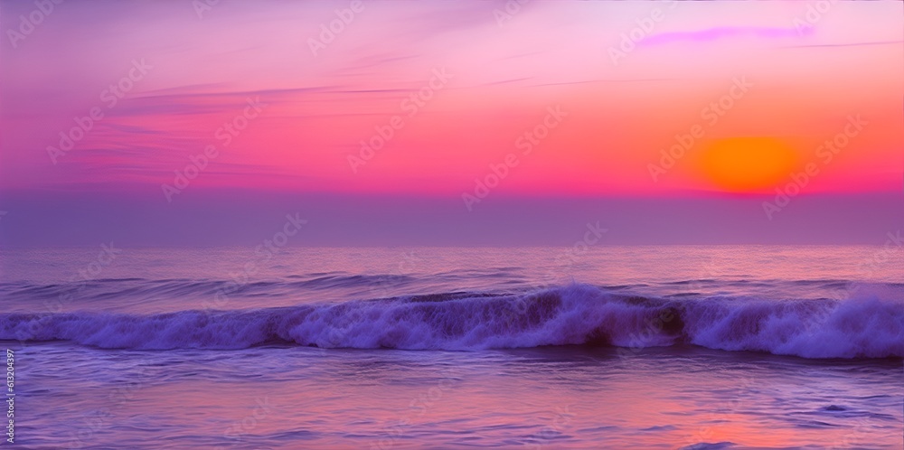 Un tramonto sul mare: Rappresenta un tramonto con sfumature di rosa, arancio e viola sul mare. Aggiungi onde che si infrangono sulla riva