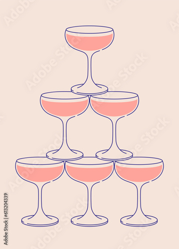 Cocktail glasses pyramid. Sparkling wine, cocktail tower postcard for web and print. Party invitation with glass tower line art vector illustration.