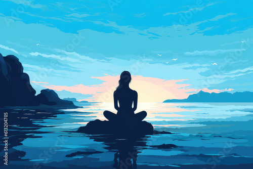 young woman silhouette in yoga lotus pose on blue seascape illustration Generative AI © krissikunterbunt
