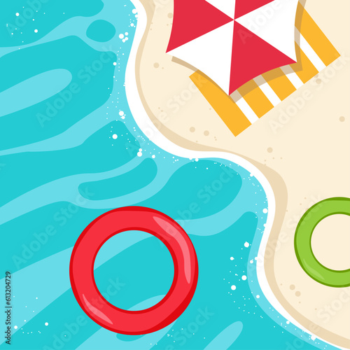 Hello, Summer. Vector beach with umbrella, towel, and colorful floaties.