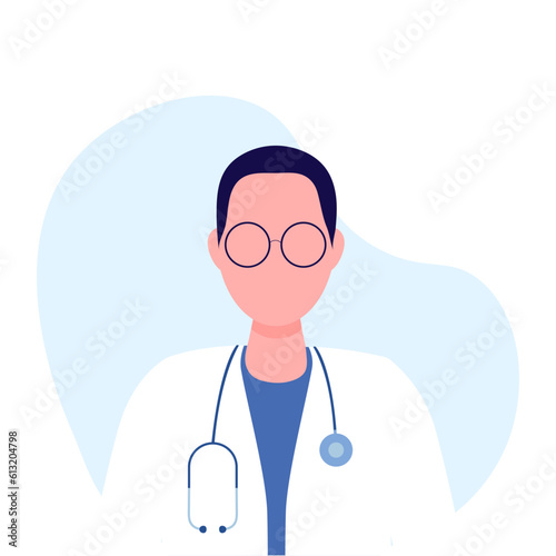 Male doctor therapist or pharmacist with short hair and glasses. Doctor with stethoscope. Concept - doctor, healthcare. Vector illustration in flat cartoon style. Isolated on white background.
