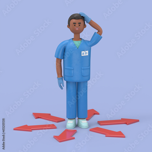 3D illustration of Male Doctor King standing at crossroads arrows. standing choice of ways.Medical presentation clip art isolated on blue background
 photo