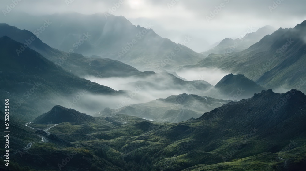 Beautiful mountain landscape with fog, Generative AI Beautiful mountain landscape with fog, Generative AI