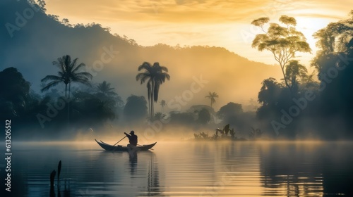 Silhouette of a man in a boat on the lake at sunrise., Generative AI