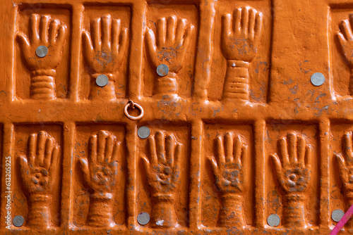 Canvastavla Sati handprints at gate of Mehrangarh  Fort, Jodhpur, Rajasthan, India