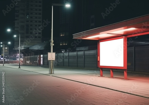 Blank white mock up, digital billboard for Media Advertisement at bus stop. Generative AI. City street at night