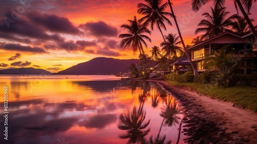 Tropical beach Resort with palm trees at sunset, Generative AI © tanatat