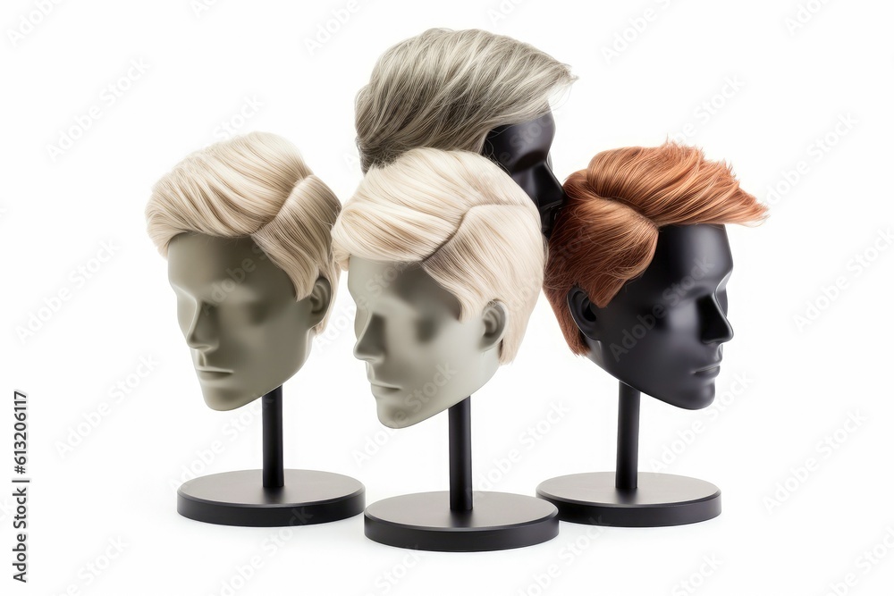 Hair wig over the plastic mannequin head isolated over the white background, mockup featuring contemporary men hairstyles, Generative AI illustration