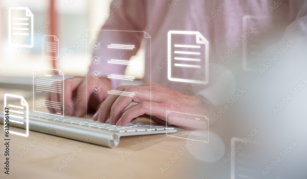 Document data system Report HR technology Concept, Businessman Manager checking white documents reports papers of files icon in modern office, paperless documents Document data system Report HR technology Concept, Businessman Manager checking white documents reports papers of files icon in modern office, paperless documents