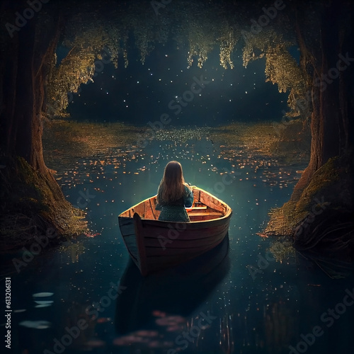 Image of a girl in an old wooden boat on a secluded fabulous forest lake, view from the back. Generative AI