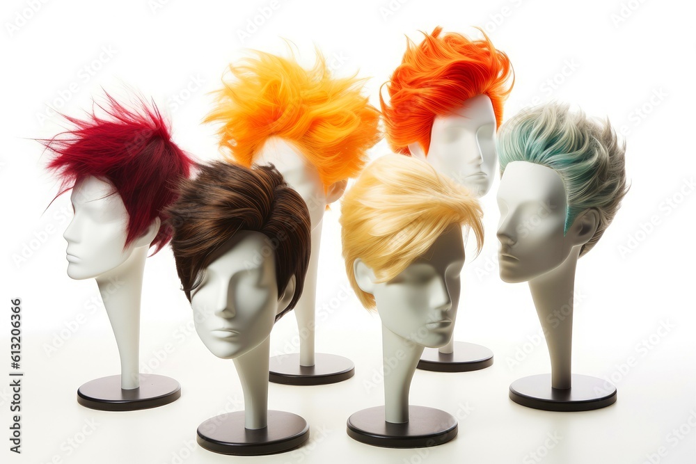 Hair wig over the plastic mannequin head isolated over the white