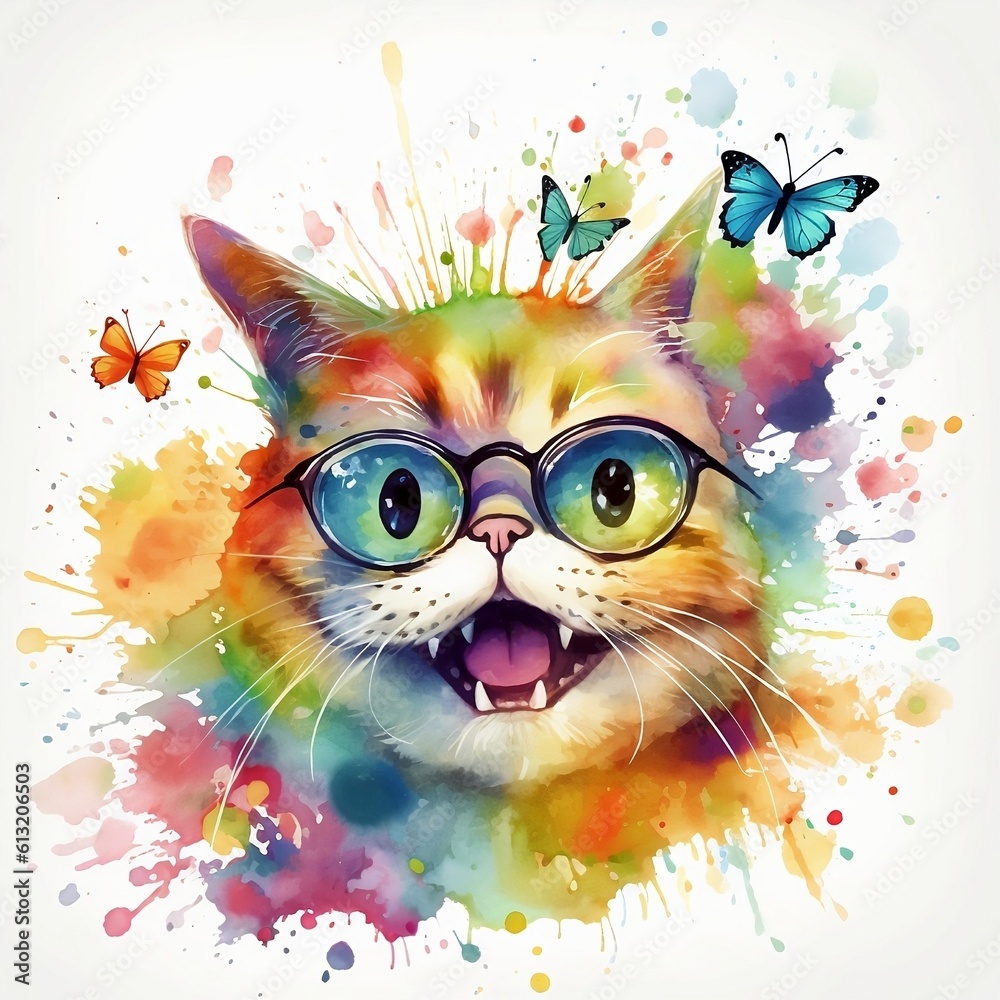 Fototapeta Cute watercolor cat in rainbow paint playing with a butterfly. Colorful cat with sunglasses on white background. Created with generative ai