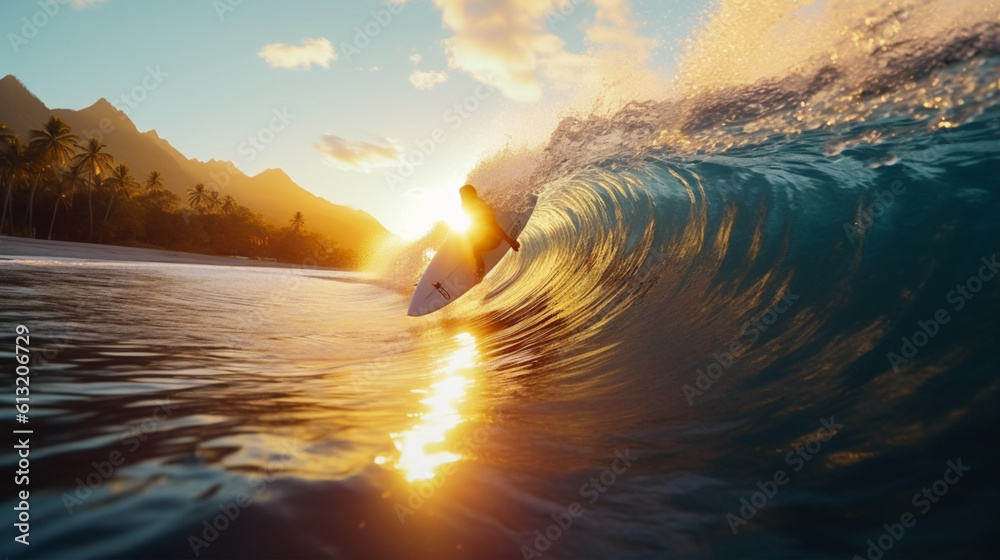 南の島の朝日でサーフィン Surfing in Sunrise in tropical island. Created by generative AI