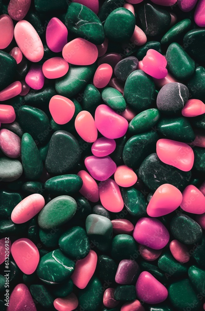 Green and pink pebbles background. Smooth stones texture. Generative AI.